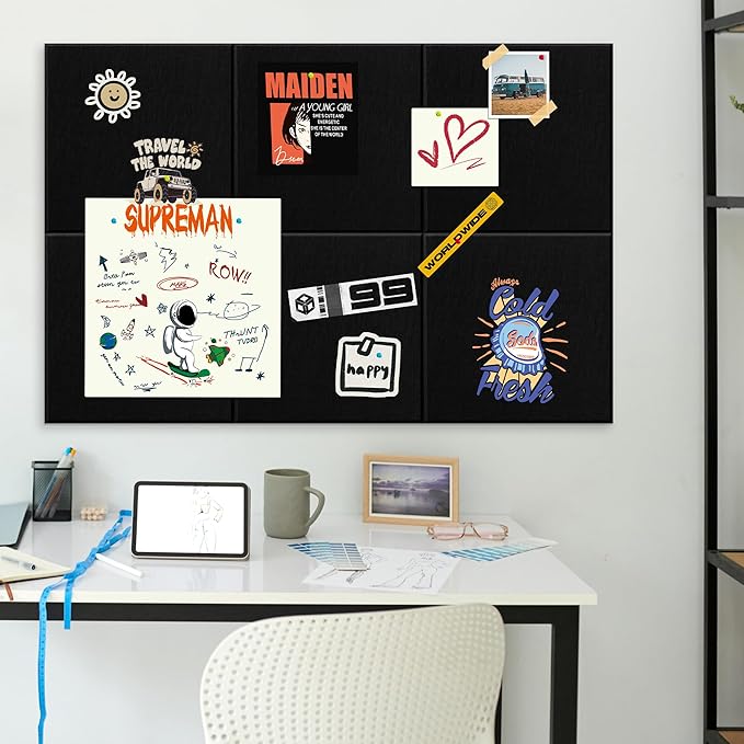AKTOP Black Cork Bulletin Board 24"x36", 6 Pack Removable Felt Cork Board Tiles for Wall, Large 2 x 3 Bulletin Board Notice Pin Board for Office, School & Home, 24 Safe Adhesive Tabs, 20 Pushpins