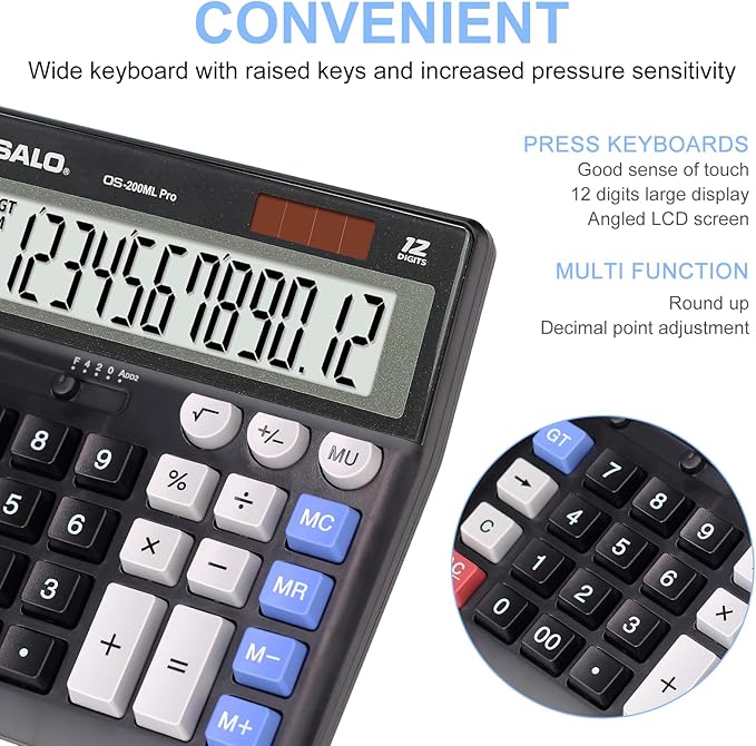 OSALO Desktop Calculator Extra Large Display 12 Digits Big Buttons Solar Accounting Calculator for Office Black (OS-200ML)