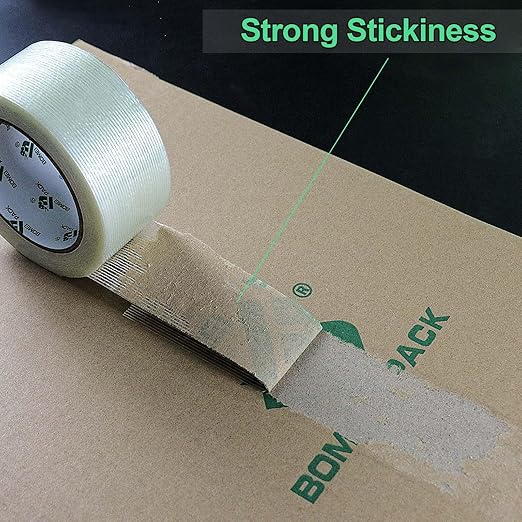 BOMEI PACK 12PACK Strapping Tape 2Inch, Heavy Duty Fiberglass Reinforced Packing Tape, 5.5Mil x 60Yds