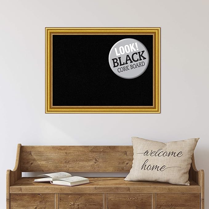Amanti Art Black Cork Board for Wall, 24x32 Vision Board with Gold Wood Frame, Medium Corkboard Office Decor for Home Organization, Traditional Corkboard Pinboard to display items for home