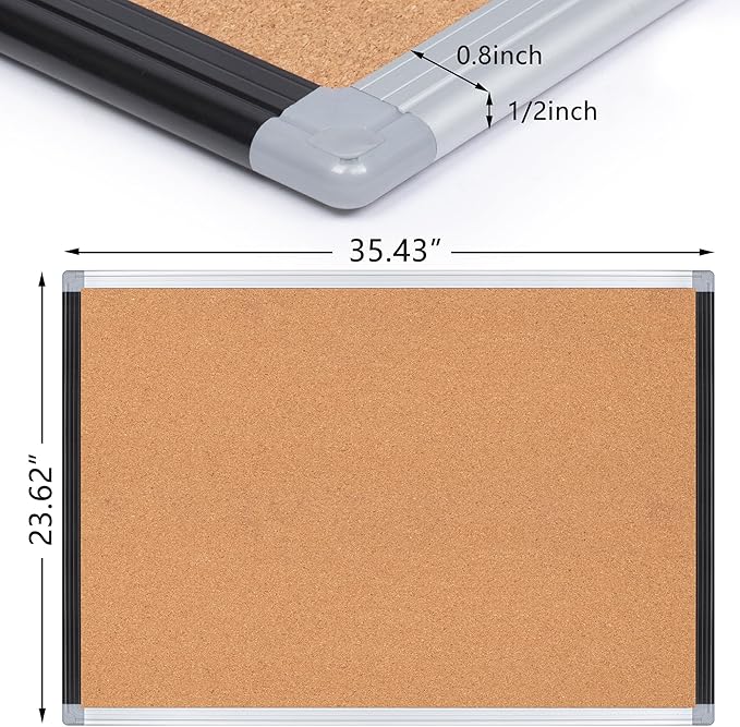 Board2by Cork Board Bulletin Board 24" x 36", Black/Silver Aluminium Framed Corkboard, Office Board for Wall Decor, Large Wall Mounted Notice Pin Board with 18 Push Pins for School, Home & Office