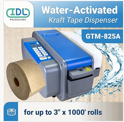 IDL Packaging Electronic Kraft Tape Dispenser for Water-Activated Kraft Gummed Tape with Adjustable Length & Width - Automatic One-Touch Moistening for Secure Box Packing - Secure Carton Sealing