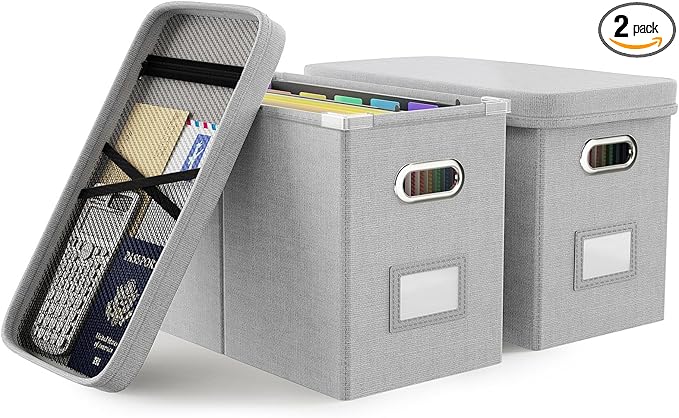 Oterri File Organizer Box with Lid, Hanging Filing File Box with Mesh Pocket, Document Organizer Box for Letter Files, Portable Storage Box with Smooth Sliding Rail for Office&Home (2 PCS, Light grey)