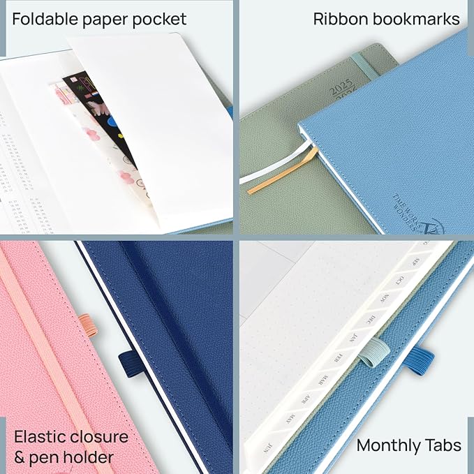 POPRUN Planner 2025-2026 (Medium 6.75''x 8.75''), Horizontal Weekly Notebook Jul.2025 - Jun.2026, Academic Appointment Book with Monthly Tabs, Leather Hardcover, Inner Pocket, 100 GSM - Pacific Green