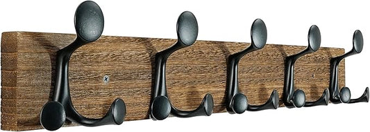 SKOLOO 24-Inch Wood Burnt Coat Rack Wall Mount with 5 Triple Hooks - Ideal for Family Entrances, Classrooms, and Pet Supplies Storage - Perfect Coat Hooks for Wall
