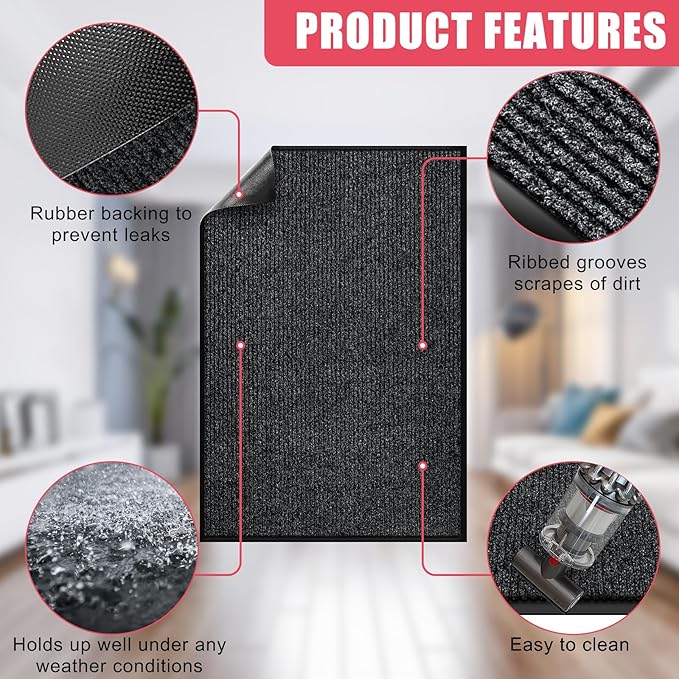 Kuyal Front Door Mat, 3'x10' Indoor Outdoor Entrance Mat, Commercial Floor Mats Inside Outside Entrance, Heavy Duty Durable Welcome, Rubber Backing Non Slip Outdoor Mats for Entryway,Black