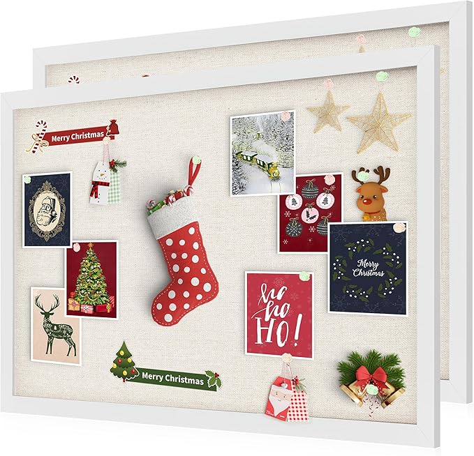 Cork Board Bulletin Board 18" x 24", 2-Pack Large Linen Corkboards with Frame for Walls, Cute Picture Display Pin Board Vision Board for Room School Office Bedroom 40 Pushpins Vintage White