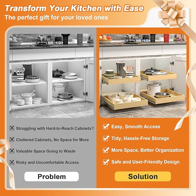 ALINE FURNITURE Birch Pull Out Drawers for Cabinets, 32" W x 21" D Slide Out Shelves for Kitchen Cabinets, Fits 33" Opening, Soft-Close 75-lb Slides, with Pre-Drilled Wood Template, Cabinet Organizer