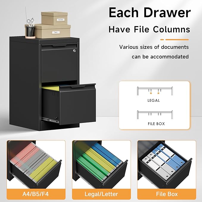 2 Drawer File Cabinet, 17.8" Deep Filing Cabinet for Home Office, Metal Vertical File Cabinet with Lock for Letter/Legal/A4/F4 Size, Easy Assemble (Black)