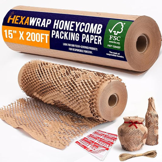Honeycomb Packing Paper 15" x 200ft with Rope & 20 Fragile Stickers|Shipping & Moving Supplies|Small Business Packaging Supplies|Eco Friendly Bubble Wrap Packing Boxes for Moving Certified FSC C204227
