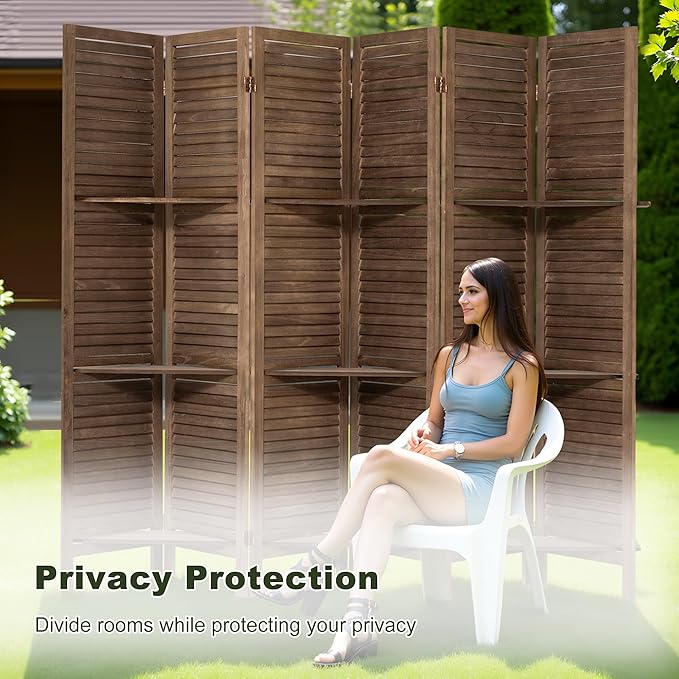NicBex 6 Panel Room Divider 5.6FT Louvered Design Room Dividers with Display Storage Shelves Folding Privacy Screens Portable Freestanding Partition Wall Dividers for Home Bedroom Office, Dark Brown