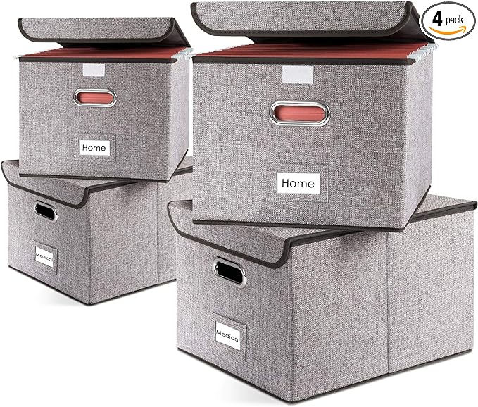 PRANDOM File Organizer Box - Set of 4 Collapsible Decorative Linen Filing Storage Hanging File Folders with Lids Office Cabinet Letter Size (15x12.2x10.75 inch)