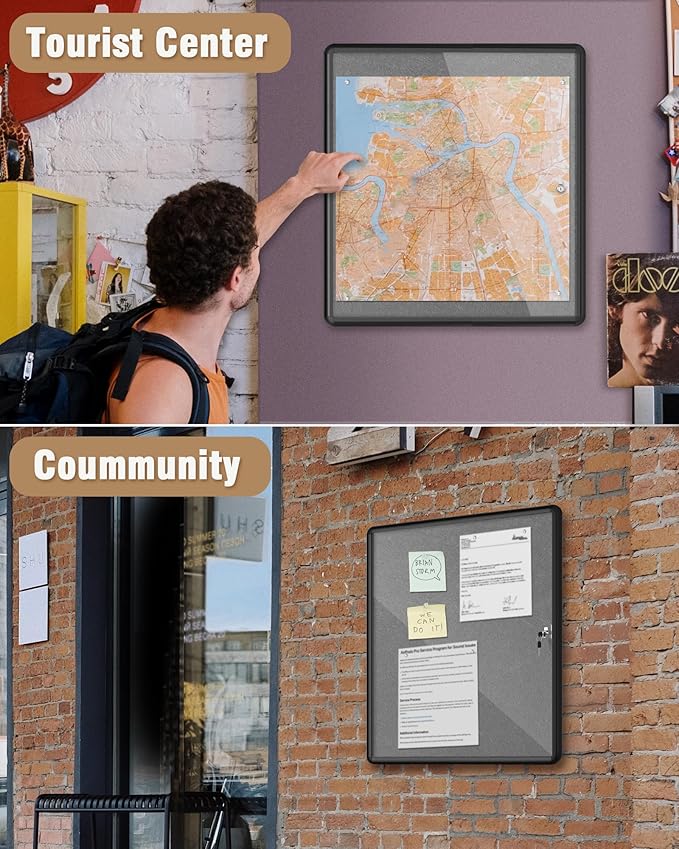 28"x26" Enclosed Bulletin Board, Lockable Weather-Resistant Aluminum Cork Noticeboard for School & Office, Black Frame w/Grey Flet