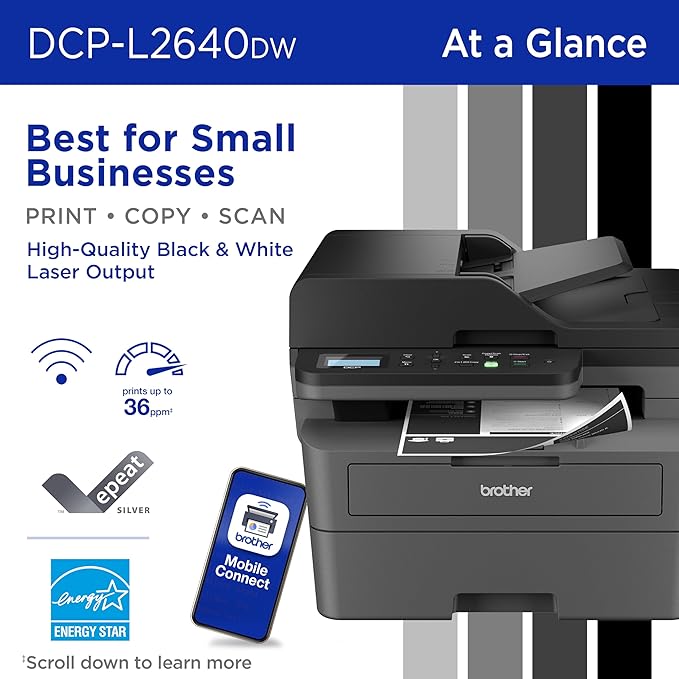 Brother DCP-L2640DW Wireless Compact Monochrome Multi-Function Laser Printer with Copy and Scan, Duplex, Black & White Output | Includes Refresh Subscription Trial(1), (Renewed Premium)