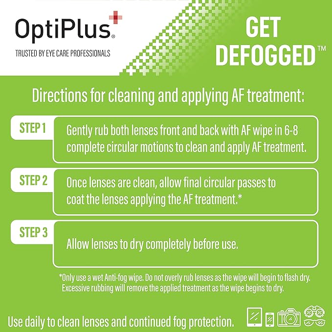 OptiPlus Anti Fog Lens Wipes l Pre-Moistened l Cleaning Wipes for Glasses, Laptops Screens, Smart Phones, Optical Lens, Goggles, and Watch Screen l Quick-Dry & Scratch-Free l Two Pack of 100 Pack