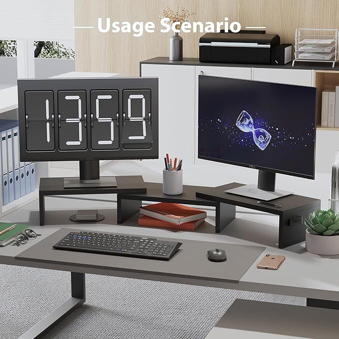 BONTEC Dual Monitor Stand Riser with Smartphone Holder, Adjustable Length & Swivel Angle, Ergonomic Wooden Desktop Organizer for PC Monitor, Laptop, Printer, Large Storage, Black