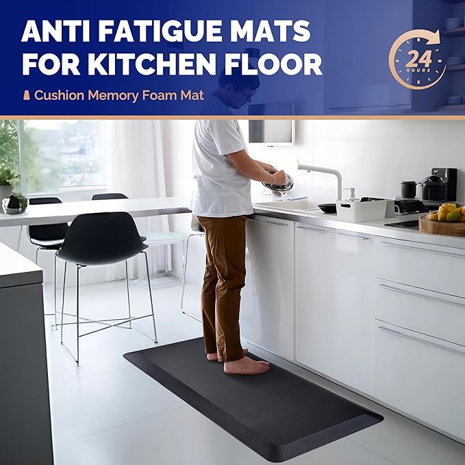 FEATOL Anti Fatigue Mat for Kitchen Floor, 9/10 Inch Thick Anti Fatigue Cushioned Floor Mat, Comfort Memory Foam Standing Padded for Sink, Kitchen, Home (Black, 24x70x9/10-Inch)