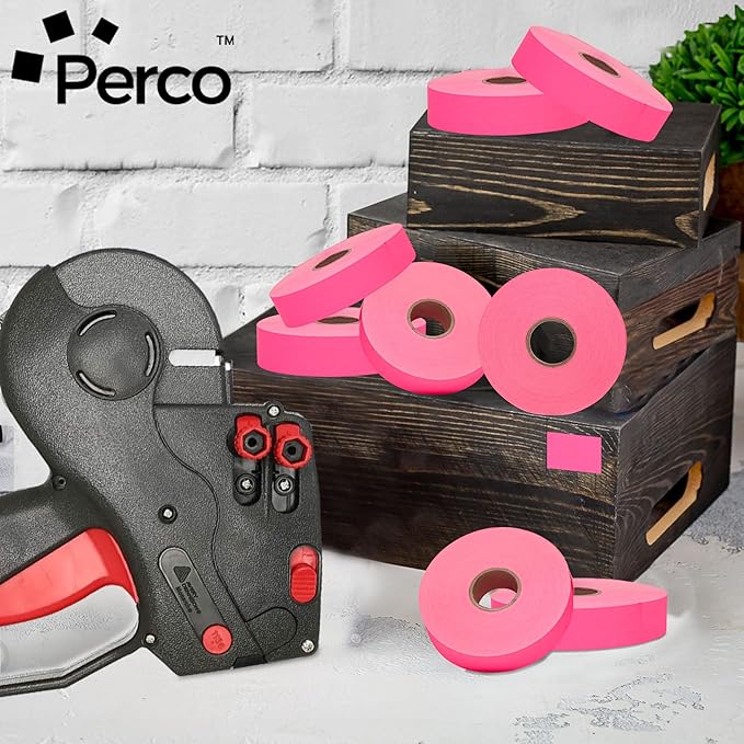 Perco Fluorescent Pink Pricing Labels for Monarch 1136 Price Gun - 8 Rolls, 14,000 Pricemarking Labels - with Bonus Ink Roll Included