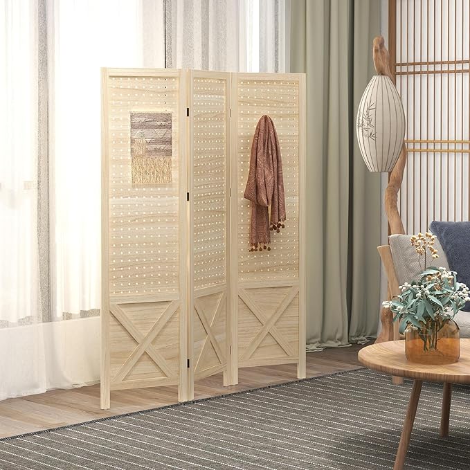 NicBex Room Divider 3 Panel Room Dividers with Pegboard Design Partition Room Dividers and Folding Privacy Screens 4.7 FT Wall Divider for Home, Office, Room Separation,45"W x 0.75"D x 57"H, Natural