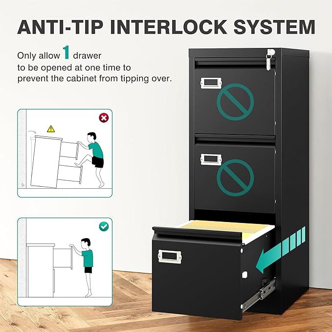 SISESOL 3 Drawer File Cabinet with Lock and Tag,Narrow Three Drawer Filing Cabinet,Vertical Metal File Cabinets,Small Black Filing Cabinets for Home Office Fit Letter/A4/Legal Size File,Easy Assembly