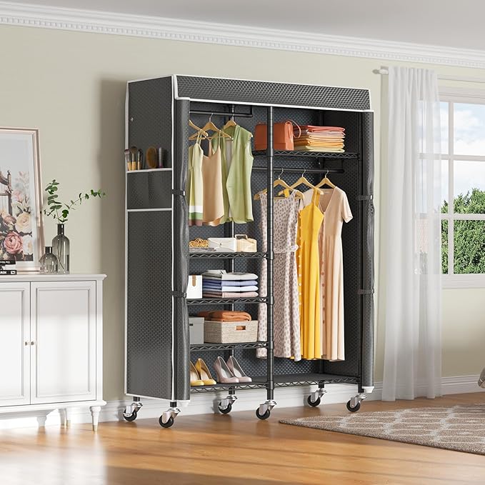 VIPEK R4C Portable Closet Rolling Clothes Rack Heavy Duty Adjustable Wardrobe Metal Garment Racks with Lockable Wheels Black Clothing Rack with Black Upgraded Polyester Cover, Max Load 620lbs