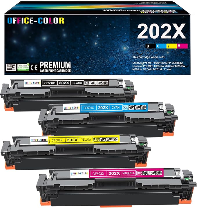OFFICE-COLOR 202X Toner Cartridges Set Replacement for HP 202X Works with HP Color Laserjet Pro MFP M281fdw Toner, M281cdw M254dw M281fdn M254dn M254nw M281 M254 Printer (Black,Cyan,Magenta,Yellow )