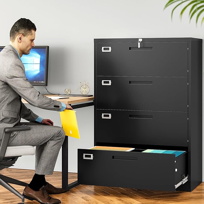 SISESOL 4 Drawer Lateral File Cabinet with Lock,Black Lateral Filing Cabinet,Horizontal Metal Filing Cabinets,Locked Wide Four Drawer File Cabinets for Office Home,Fit A4/F4/Letter/Legal File