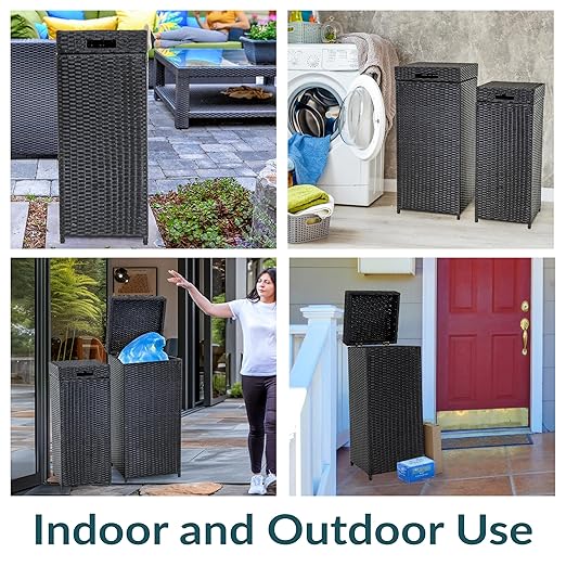 Sunnydaze Outdoor Trash Cans with Lids - Set of 2 Indoor and Outdoor Garbage Cans – 26 Gal and 15 Gal - Black