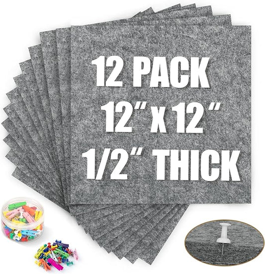 AKTOP Cork Bulletin Board 12x12, 1/2" Thick Felt Cork Board Tiles 12 Pack, Small Square Pin Board for Wall, Self Adhesive Corkboards with 120 Push Pin Wood Clips for School, Home & Office, Grey