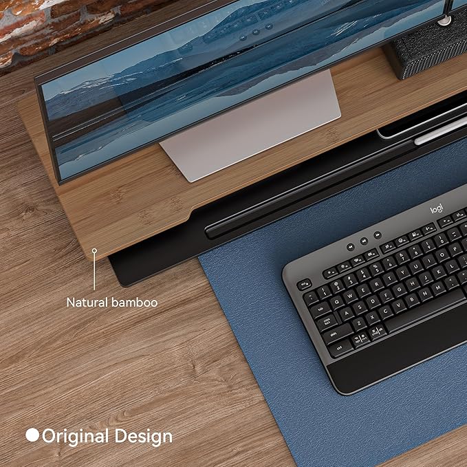 Monitor Stand Dual Monitor Stand Riser for Desk,Wood Desk Shelf Storage Organizer with Phone Tablet Holder (42.5 Inch, Black & Dark Bamboo)