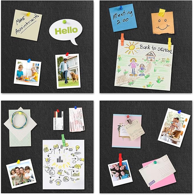 AKTOP Cork Board Bulletin Board 12x12, 1/2" Thick Felt Cork Board Tiles 6 Pack, Small Square Pin Board for Wall, Self Adhesive Corkboards with 60 Push Pin Wood Clips for School, Home & Office, Black