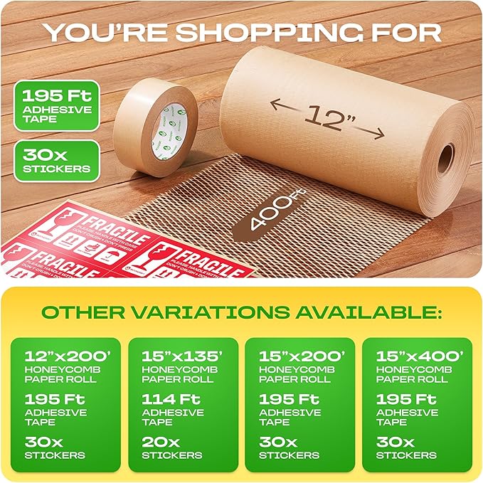 Honeycomb Packing Paper | Extra Thick 90 GSM Packing Wrap | Biodegradable Packing Materials: 12” x 400’ Moving Paper + 195’ Cellulose Adhesive Tape + 30 Fragile Stickers | Paper Bubble Wrap