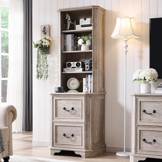 T4TREAM 6-Tier Bookcase with 2 File Drawers, 72" Tall Farmhouse Bookshelf with Storage & Adjustable Shelves, Wooden Floor Standing Display Book Shelf Organizer for Home Office, Light Rustic Oak