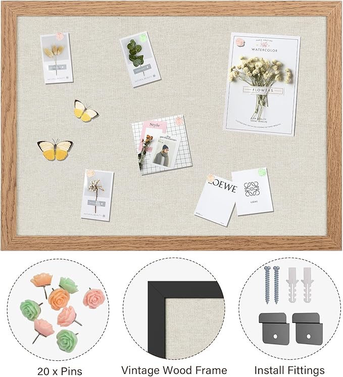 Cork Board Bulletin Board 18" x 24", Large Linen Corkboards with Frame for Walls, Cute Picture Display Pin Board Vision Board for Room School Office Bedroom 20 Pushpins Carbonized Black