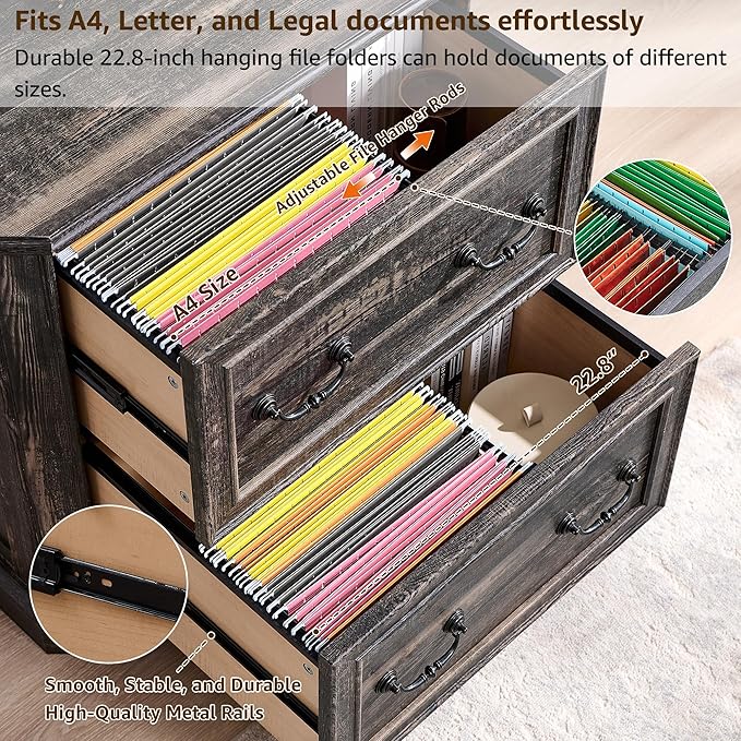 T4TREAM 2 Drawer File Cabinet-30 Wide Wooden Extended Desktop, Farmhouse Filing Cabinet with Smooth Rails, Holds Letter/Legal/A4, Hexagonal Design & Framed Drawer Fronts, Dark Rustic Oak