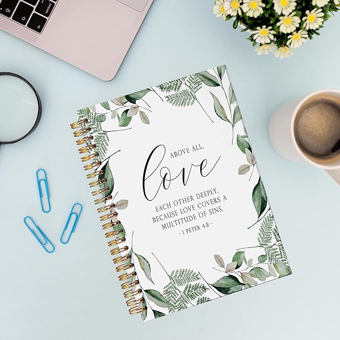 VNWEK Bible Scripture 1 Peter 4:8 Above All Love Each Other Deeply Greenery Spiral Notebook Journal 5.5 x 8.3 inches,Christian Lined Hardcover Spiral Notebook,Christian Gifts for Women Men Faith Teens