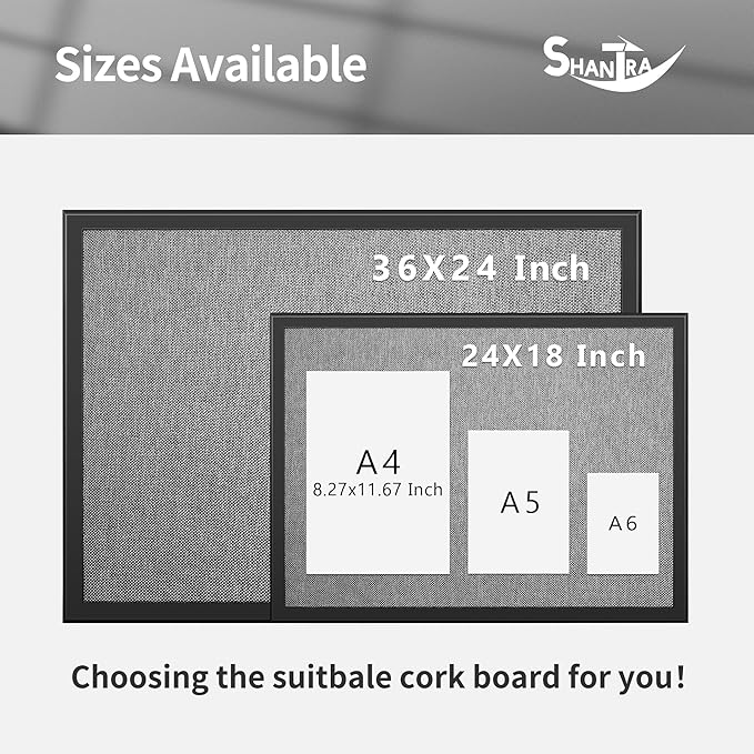 SHANTRA 24 x 18 Inch Bulletin Board with Grey Fabric, Wood Framed Canvas Cork Board, Corkboard for Walls with 10 Pins, Decorative Vision Board, Wall Mounted Notice Board for Home, Office, School