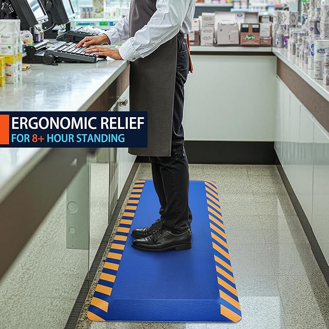 FEATOL Anti Fatigue Mat Industrial, Ergonomic Standing Floor Mat for Work for Stand, Blue with Yellow Border Safety 17" x 24"-Support for Leg & Back Pain
