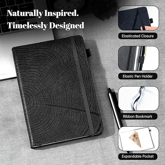 CAGIE Lined Journal for Men Women, Tree Growth Ring Leather Bound Journal Notebook, 256 Pages 100 GSM Journals for Writing, A5 Hardcover Journaling Notebooks for Work, Note Taking, Black