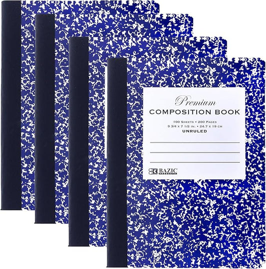 BAZIC Composition Book Black Marble Unruled Ruled 100 Sheet Notebook, Blank Page Journal Comp Notebooks for School, 4-Pack