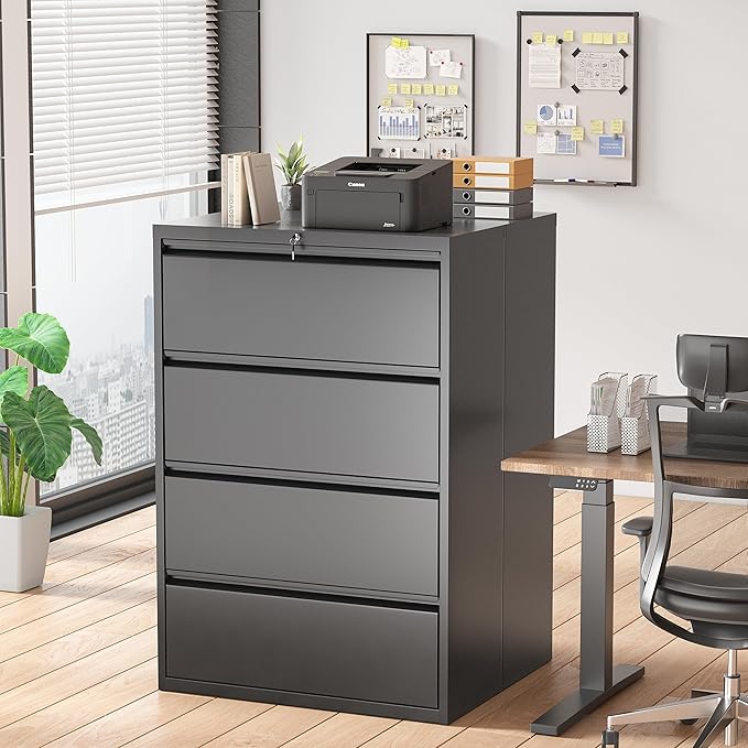 Superday Filing Cabinet Lateral File Cabinet 4 Drawer, Filing Cabinets with Lock, Locking Metal File Cabinets for Home OfficeLegal/Letter/A4/F4(Black)