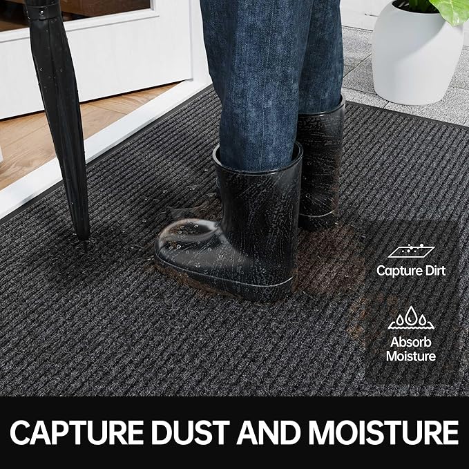 Front Door Mat, 3' x 10' Heavy Duty Indoor Outdoor Welcome Mat for Entryway, Commercial Entrance, Low Profile, Non-Slip, Durable Rubber Backing for Patio, Home