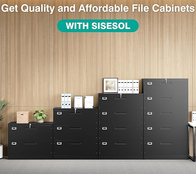 SISESOL 4 Drawer Lateral File Cabinet with Lock,Black Lateral Filing Cabinet,Horizontal Metal Filing Cabinets,Locked Wide Four Drawer File Cabinets for Office Home,Fit A4/F4/Letter/Legal File