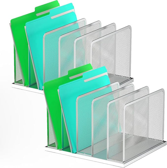 Kuntine.B Desk File Organizer Upright Mesh Desktop Organizer File Sorter Office Organization File Holder for Home, Office & Classroom (Silver, 2 Pack 5-Section)