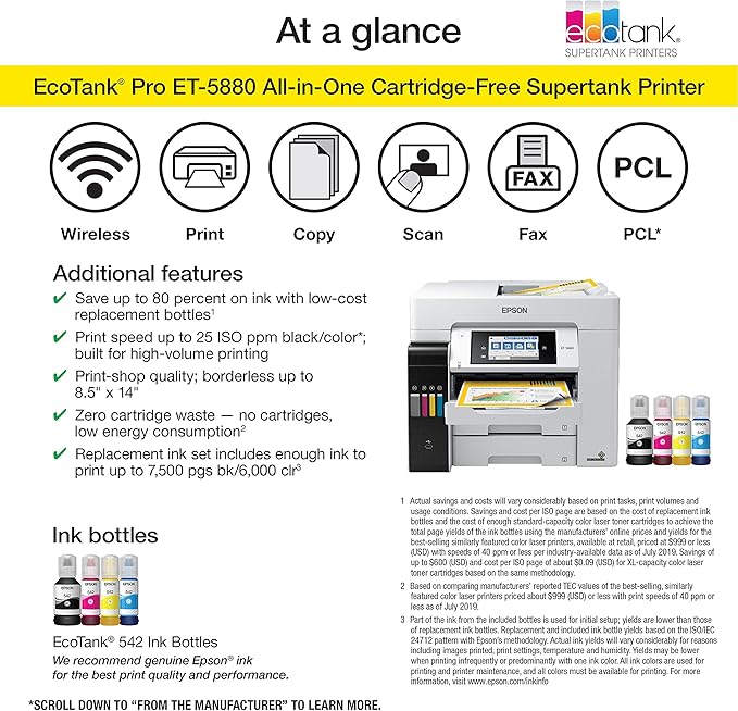 Epson EcoTank Pro ET-5880 Wireless Color All-in-One Supertank Printer with Scanner, Copier, Fax, Ethernet and PCL/Postscript, White