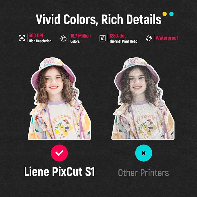 Liene PixCut S1 Photo Sticker Printer Creator Plus Pack - All-in-One Sticker Maker Machine for DIY Crafts, Custom Labels & Gifts, Thermal Dye-Sublimation, 300 DPI Prints, Precise AI Auto-Cutting
