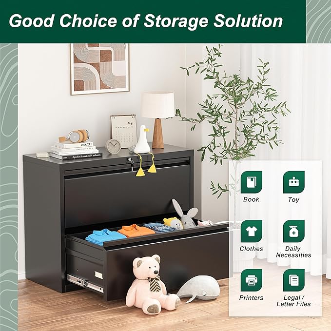 Superday Metal Lateral File Cabinet with Lock, 2 Drawer File Cabinet, Black Filing Cabinets with Lock, Filing Cabinets for Home Office/Legal/Letter/A4, Home Office Furniture for Hanging File