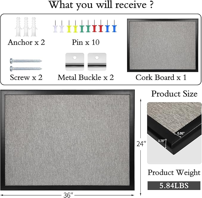 SHANTRA 36 x 24 Inch Bulletin Board with Grey Fabric, Wood Framed Canvas Cork Board, Corkboard for Walls with 10 Pins, Decorative Vision Board, Wall Mounted Notice Board for Home, Office, School