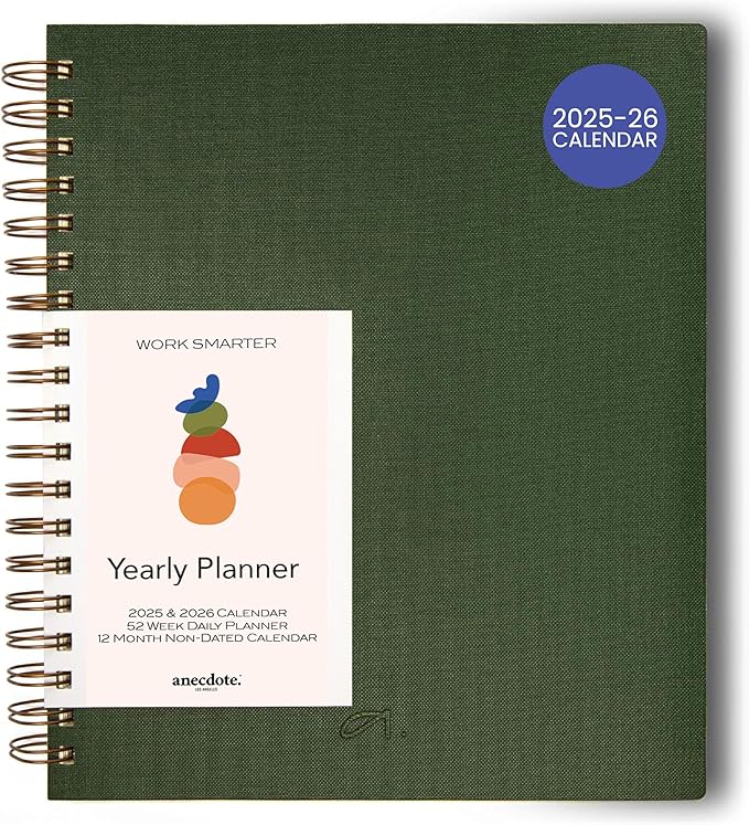 Anecdote 2025 Planner (8.5" x 10") Daily Planner Weekly Monthly Planner - 52 Weeks w/Library Buckram Cover, Brass Spiral - A4 Size Bleed-Resistant Paper – Evergreen