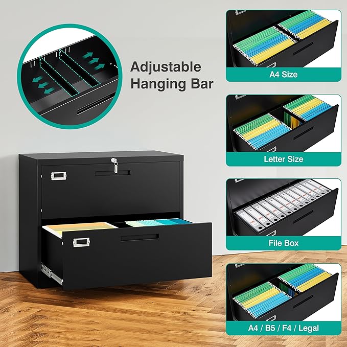 SISESOL 2 Drawer Lateral File Cabinet with Lock,Black Lateral Filing Cabinet,Horizontal Metal Filing Cabinet,Locked Wide Two Drawer File Cabinet for Office Home,Fit A4/F4/Letter/Legal File
